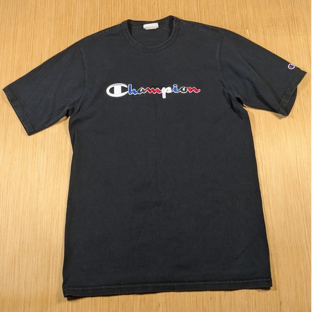 Champion T-Shirt Black Crew Neck Short Sleeve Logo Cotton Casual Men's Large‎